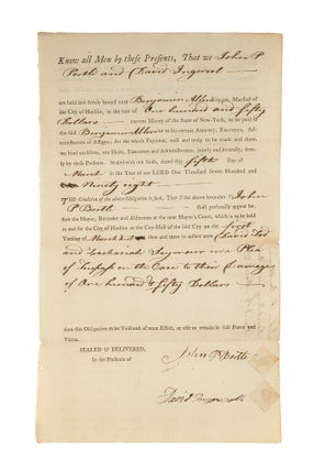 Item #79428 Bail Bond for John P. Bortle and David Ingersoll, Hudson, NY, 1798. New York
