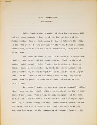 Item #79630 Felix Frankfurter (1882-1965), Typescript, 1965. Frederick Bernays Wiener