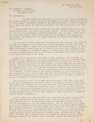 Item #79753 Typed Correspondence and Testimonials on Behalf of Tom Mooney, 1918-29. Manuscript,...