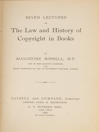 Item #80160 Seven Lectures on the Law and History of Copyright in Books. Augustine Birrell