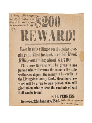 Item #80447 $200 Reward, Lost in This Village on Tuesday Evening the 21st. Broadside, E. H Perkins