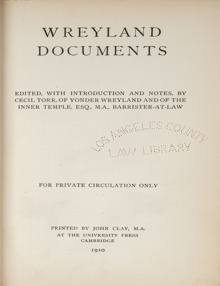 Item #80990 Wreyland Documents. Cecil Torr.