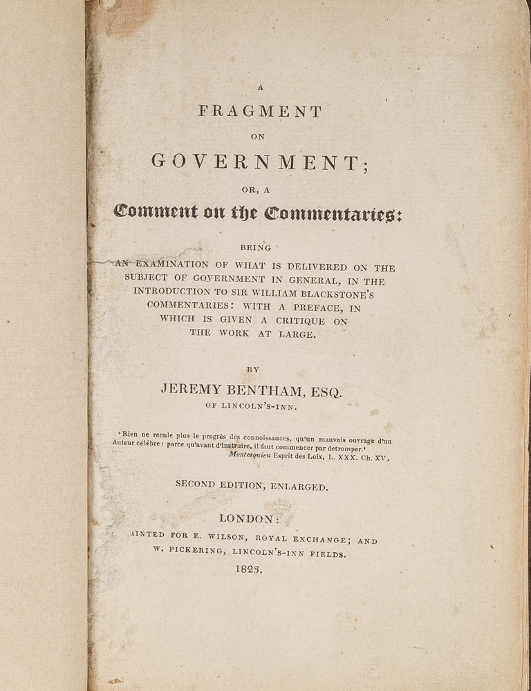Item #81110 A Fragment on Government, Or, A Comment on the Commentaries, Being. Jeremy Bentham.