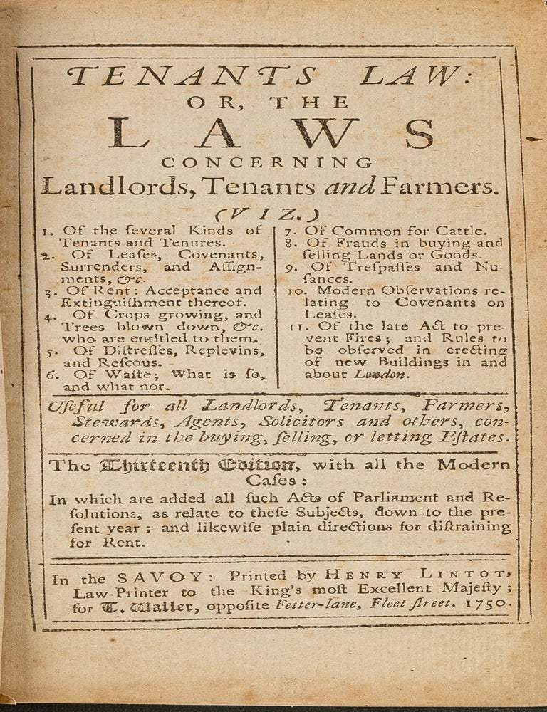 Item #81160 Tenants Law: Or, The Laws Concerning Landlords, Tenants and Farmers. Gent R T.