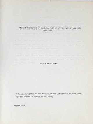 Item #81264 The Administration of Criminal Justice at the Cape of Good Hope. Hilton Basil Fine