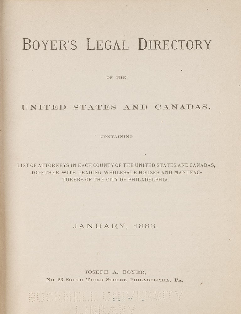Item #81405 Boyer's Legal Directory: Of the United States and Canadas. Joseph A. Boyer.