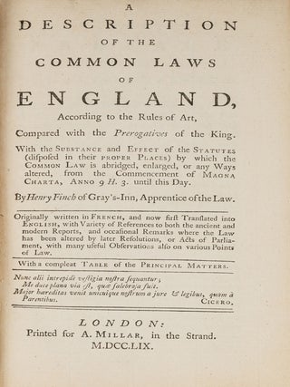 Item #82073 A Description of the Common Laws of England, According to the Rules. Sir Henry Finch