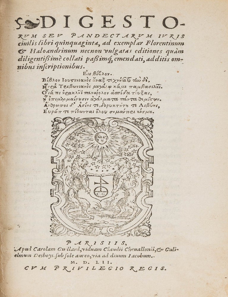 Item #82303 Corpus Juris Civilis, 12 Volumes in 9 Books, Paris, 1552-1553. Emperor of the East Justinian I, G. Haloander.