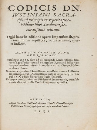 Corpus Juris Civilis, 12 Volumes in 9 Books, Paris, 1552-1553.