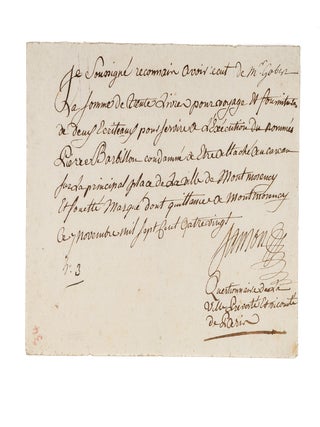 Item #82461 Receipt for the Transport of a Prisoner, Paris, November 7, 1780. Manuscript,...