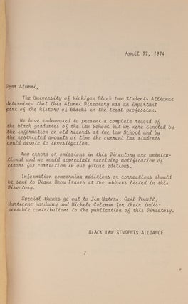 Directory of Black Alumni: University of Michigan Law School 1885-1973