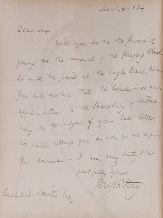 Autograph Letter, Signed, To Richard Smith, Esq., March 4, 1834.