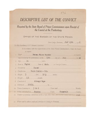 Penitentiary Admission Form for Herman White Thunder, July 13, 1922.