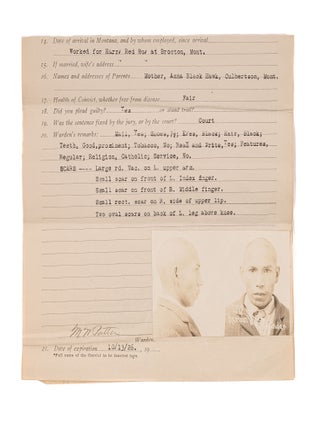 Penitentiary Admission Form for Herman White Thunder, July 13, 1922.