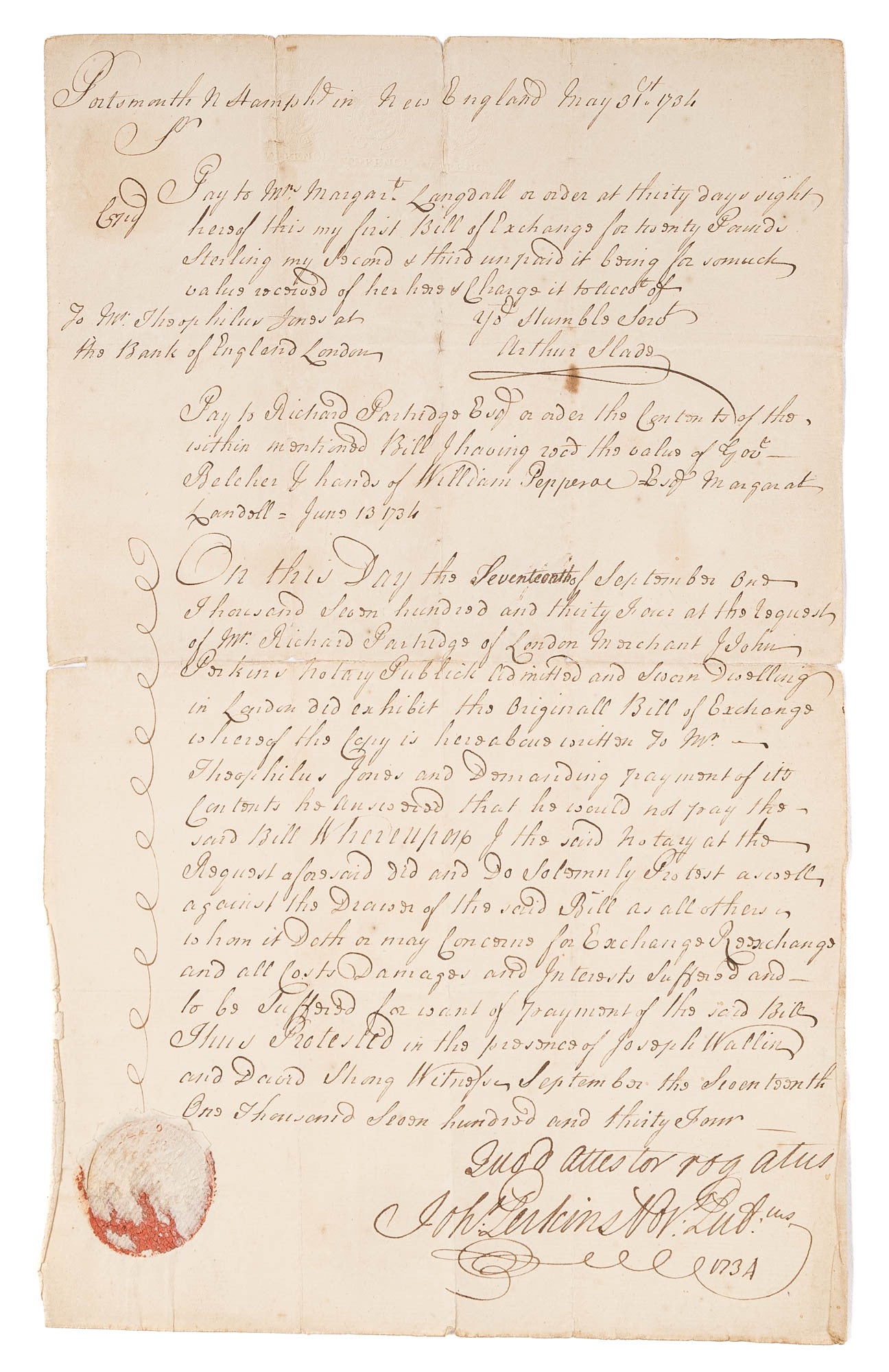 Notarial Protest Protest Against Arthur Slade by Theophilus Jones & Richard Partridge ...