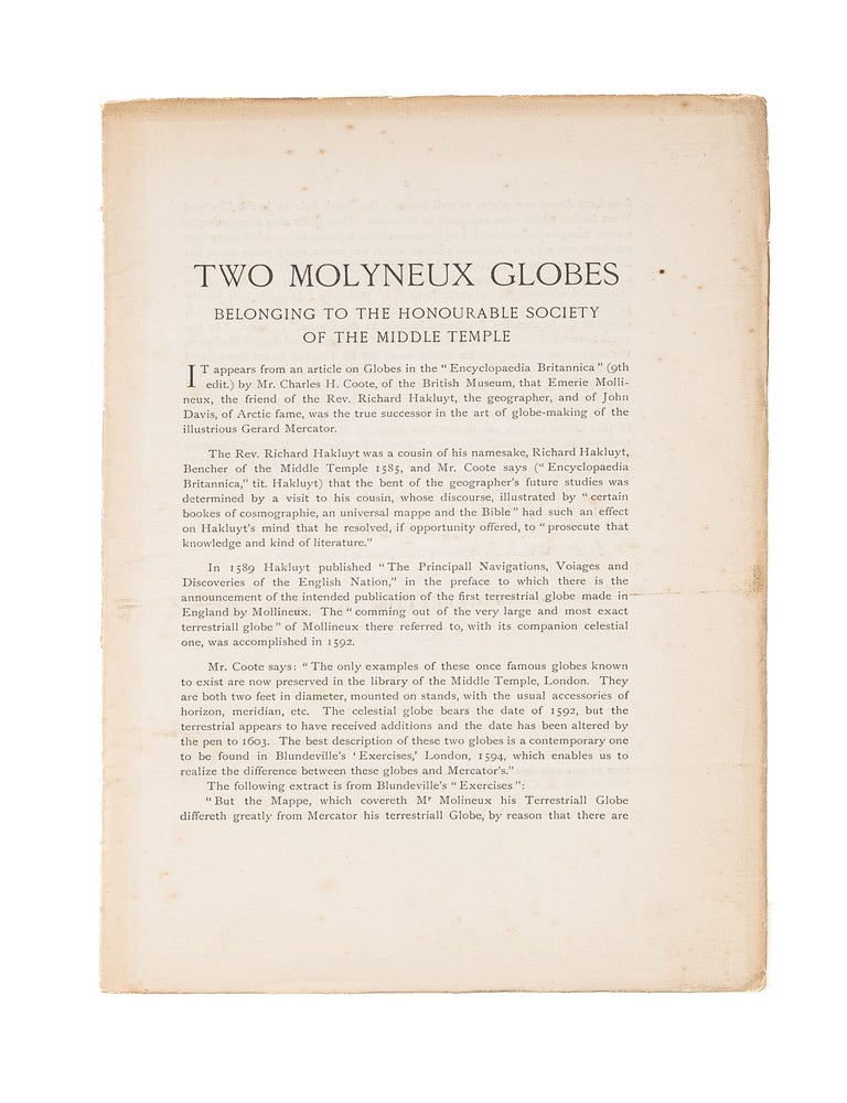 Item #83384 Two Molyneux Globes Belonging to the Honourable Society of the. Chiswick Press.