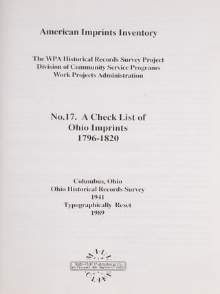 American Imprints Inventory: No. 17, a Check List of Ohio Imprints...