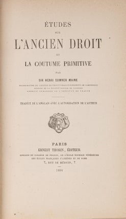 Item #83686 Etudes sur l'Ancien Droit et la Coutume Primitive. Henry Sumner Maine