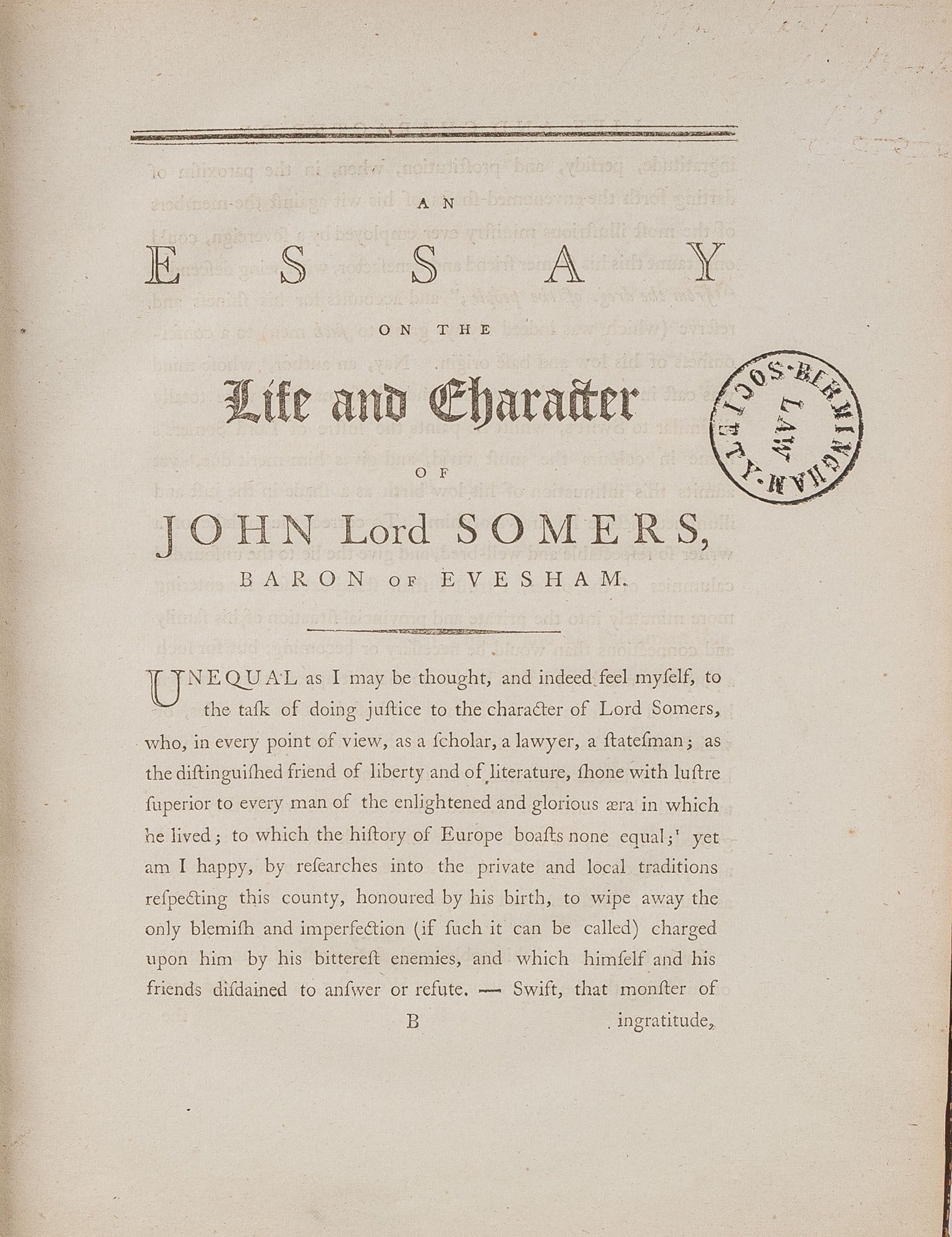 Essay on the Life and Character of John Lord Somers, Baron of ...