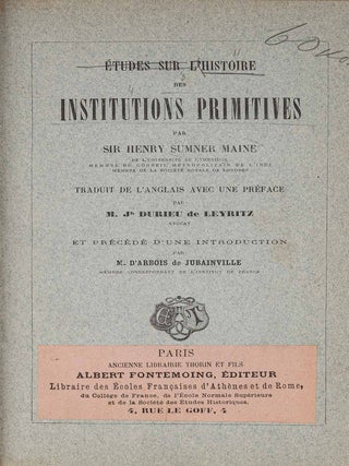 Item #83885 Etudes Sur L'Histoire des Institutions Primitives. Henry Sumner Maine, Joseph Durieu...