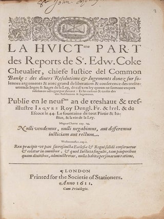 Item #84093 La Huictme Part des Reports de Sr Edw Coke Chevalier, Chiefe Iustice. Sir Edward Coke