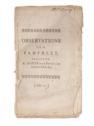 Item #84132 Observations on a pamphlet, Intitled, An answer to One Part of a Late. William Arnall