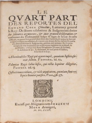 Item #84135 Le Quart Part des Reportes del Edward Coke Chevalier. Sir Edward Coke