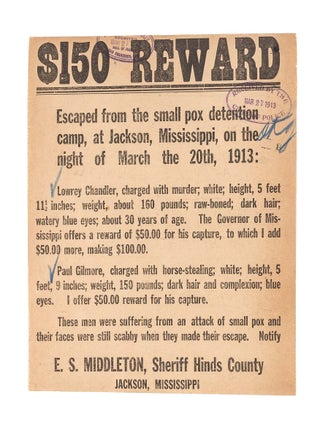 Item #84570 $150 Reward, Escaped from the Small Pox Detention Camp, At Jackson. Broadside,...