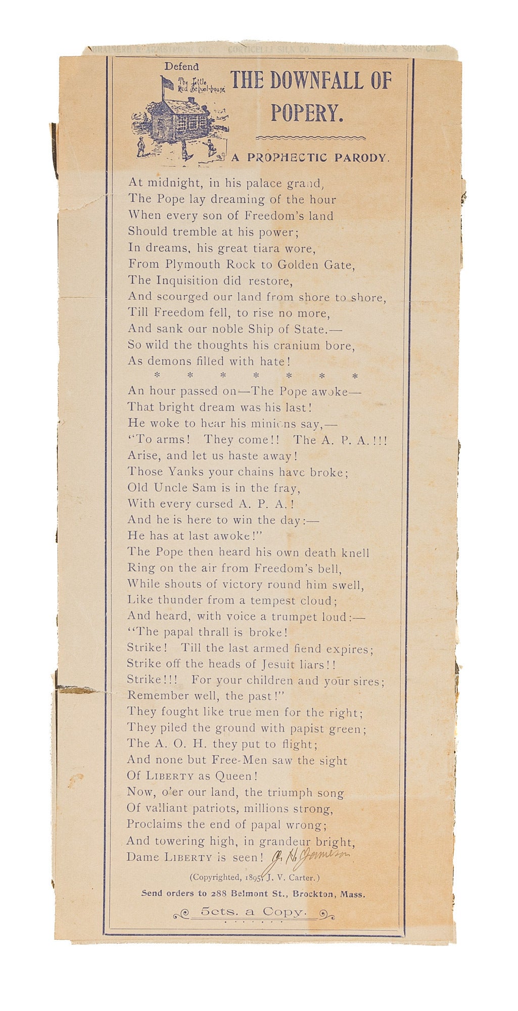 The Downfall of Popery: A Prophectic Parody sic . Brockton, MA, 1895 ...