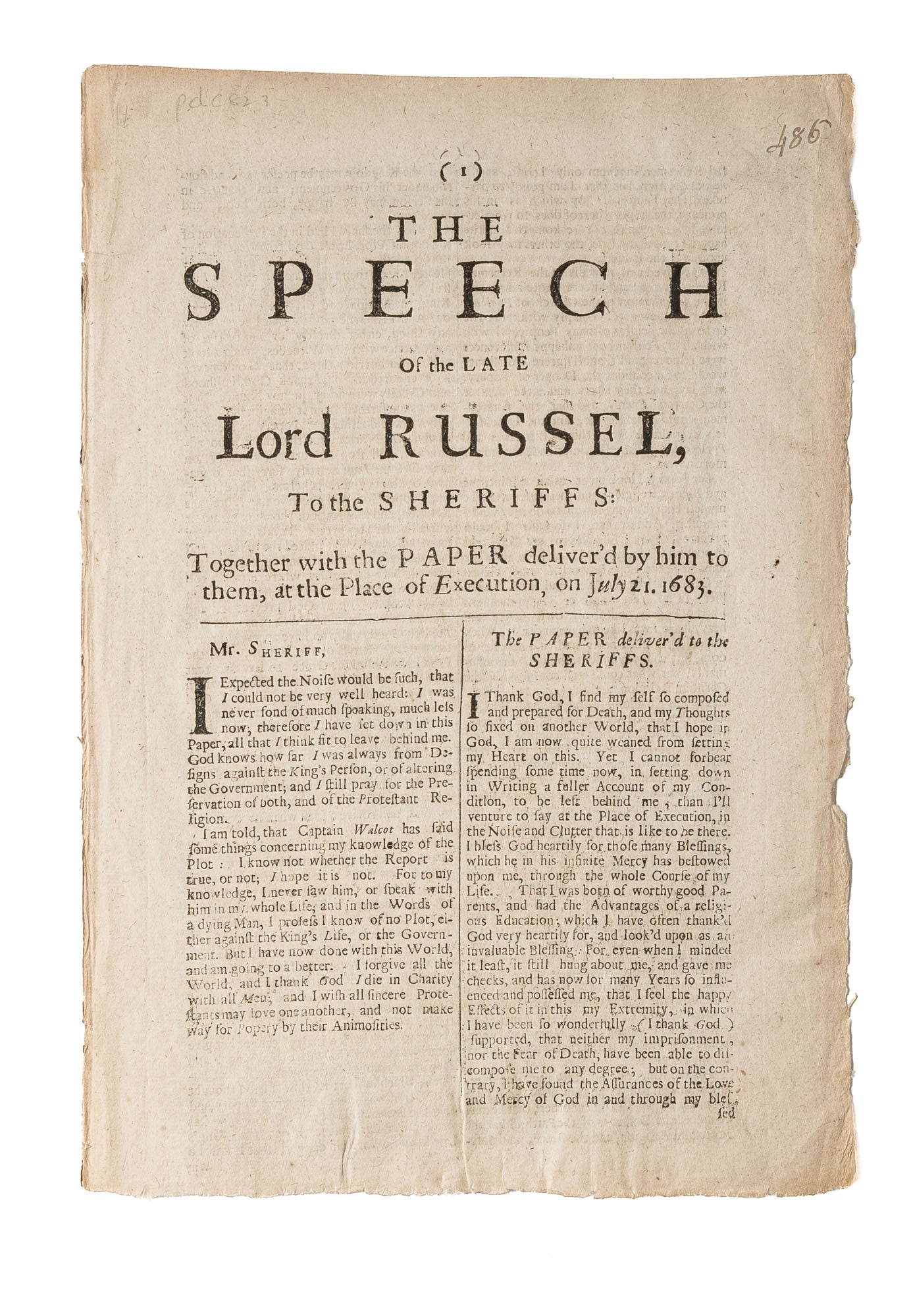 The Speech of the Late Lord Russel, To the Sheriffs.. | Rye House Plot ...