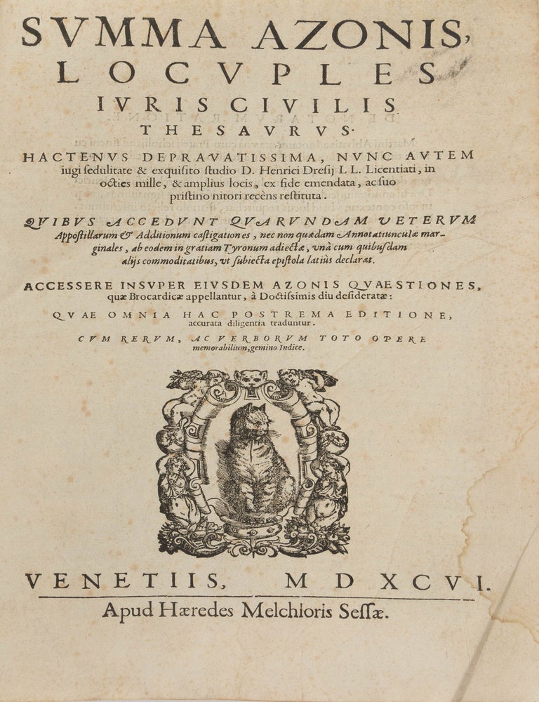 Item #86883 Summa Azonis, Locuples Iuris Civilis Thesaurus... 2 parts in 1 vol. Portius Azo, Henricus Draesius.