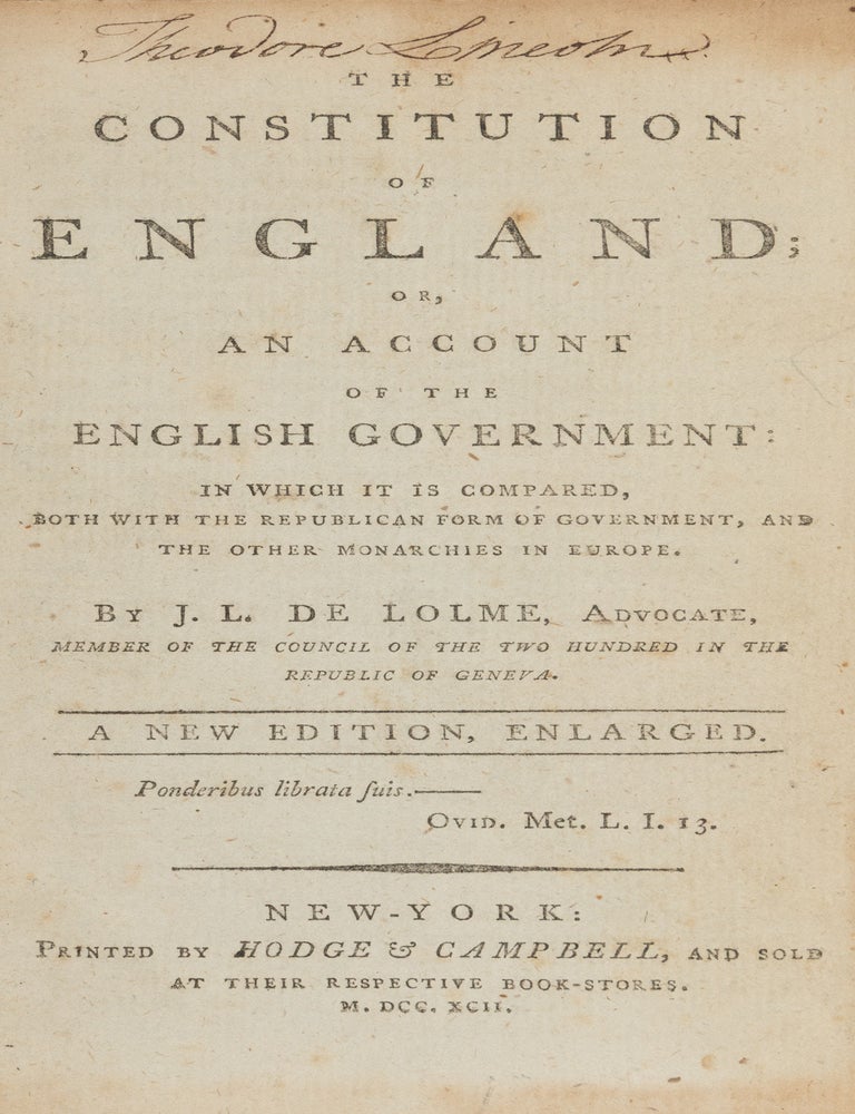 Item #87221 The Constitution of England; Or, An Account of the English Government. J. L De Lolme.