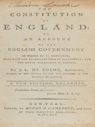 Item #87221 The Constitution of England; Or, An Account of the English Government. J. L De Lolme