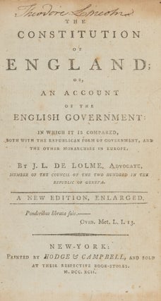 Item #87221 The Constitution of England; Or, An Account of the English Government. J. L De Lolme