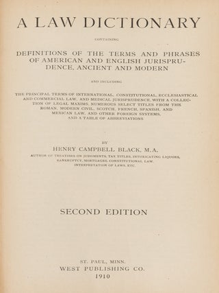 Item #87274 A Law Dictionary. 2nd ed. [Black's Law Dictionary]. Henry Campbell Black, Compiler