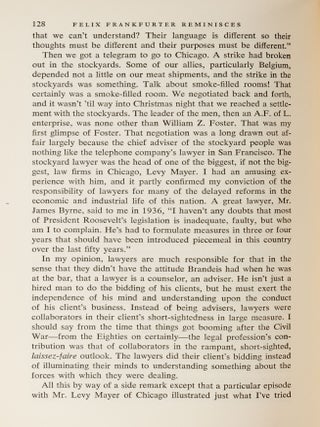 Felix Frankfurter Reminisces, Signed Presentation Copy.