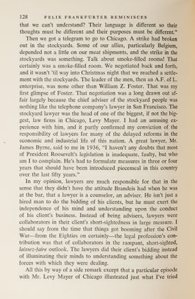 Felix Frankfurter Reminisces, Signed Presentation Copy.