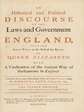 Item #87301 An Historical and Political Discourse of the Laws and Government. John Selden,...