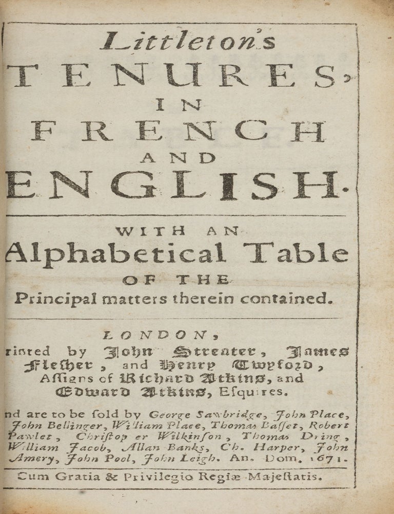 Item #87304 Littleton's Tenures, In French and English, With an Alphabetical. Sir Thomas Littleton.